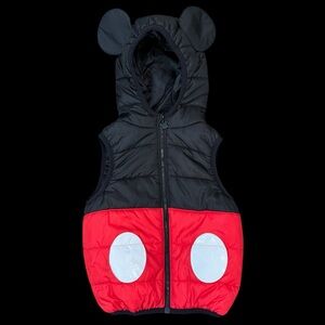 Disney Parks Mickey Mouse Black &Red Puffer Hooded Quilted Kids Vest XS NWOT 252